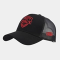 Close-up of red embroidery patch and breathable mesh on black trucker baseball cap - Black With Red Letters (Spliced)