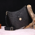 Classic black handbag with glossy crocodile pattern and golden hardware details - Black