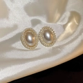 Vintage style oval pearl earrings with gold metal base and small pearl border - Silver Earring Post White Oval Pearl Earrings