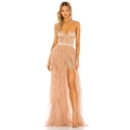 Elegant strapless champagne mesh maxi dress with lace bodice and tiered ruffled split skirt - Apricot Pink