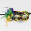 Detail of masquerade mask with purple green gold sequins feathers and silk flowers - Style 9
