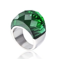 Minimalist silver titanium steel ring with a large faceted green crystal glass stone - Green (KR31895-K)