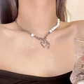 Elegant half-pearl half-chain necklace featuring a silver hollow heart-shaped pendant - 5761482237580 / Hollow Heart Patchwork Pearl Necklace (X0783) / Silver/White