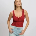 Slim fit red ribbed knit tank top with U-neck and button front detail for women - S / Red