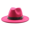 Detail of rose red wool jazz fedora hat featuring snake print band and gold stud accent - Rose Red