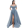Elegant off-the-shoulder smokey blue evening gown with high slit and satin finish - US 2 / Grey Blue