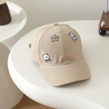 Detail of embroidered cartoon bear and smiling star on khaki cotton baseball cap - Khaki
