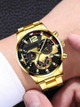 Hochwertige goldene Herrenuhr aus Edelstahl mit schwarzem Multifunktions-Zifferblatt - Gold Schwarz