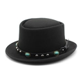 Classic black wool felt pork pie hat with turquoise studs and leather band for travel - M (56-58cm) / Black