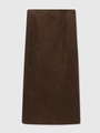 High-waist dark brown suede midi skirt in a minimalist slim-fit straight cut - S / Chestnut Brown Long Skirt