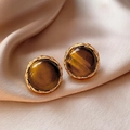 Elegant vintage gold stud earrings with round brown tiger eye stone on silk - Woven Texture Border Style (3# Silver Needle-Gold-Coffee)