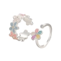 Adjustable silver open rings featuring colorful enamel floral designs and zircon accents - 2Pcs Set Flower Theme Rings (Bright Silver 1883+3304)