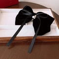 Elegant black velvet bow hair claw with handmade metal tag and pearl detailing - 164# Black Velvet Bow Handmade Pearl Clip