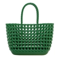 Hollow woven jelly beach bag in green featuring circular handles for summer vacation - Green