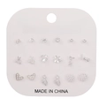 Detailed set of 12 pairs of silver alloy stud earrings featuring hearts and pearls - Silver Star Heart Clover Set(E0214-2)