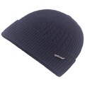 Dark blue cable knit beanie hat with rib-knit edge and metal sport logo for men - Adjustable / Navy Blue