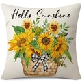 Linen sunflower pillowcase featuring a floral basket design and Hello Sunshine text - 45x45cm Pillow Cover / Hello Sunshine Sunflower Basket-3 (24ym1110-3)