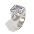Silver stainless steel ring with emerald cut square stone and wavy textured band - US 6 / Steel