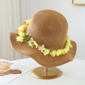 Women's wide brim straw hat in tan woven raffia with elegant yellow flower trim - M(56-58cm) / Yellow Flower Wreath - Khaki
