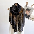 Black silk scarf with golden peacock feather patterns hanging on a white dress - Black Gold / 180*90