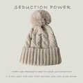 Beige cable knit winter hat with a large faux fur pom-pom and warm ribbed cuff - Cable Knit-Thickened Style / Khaki