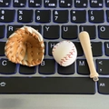 Mini brown leather softball glove with baseball and bat keychain on dark background - 3-piece Mini Charm / Khaki