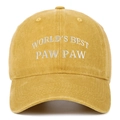 Detailed view of white embroidered text on mustard yellow washed cotton baseball cap - Yellow