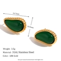 Vintage gold teardrop earrings with green stone and 18K hammered stainless steel texture - Serrated Teardrop Gemstone Stud Earrings - Gold Dark Green