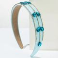 Baroque style light blue wide headband with rhinestone rows and teardrop gemstones - Blue