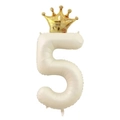 Detail of a cream number 5 foil balloon with a small golden crown for party decor - Number 5