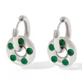 Silver stainless steel hoop earrings with green doughnut gemstone pendants - Platinum Green Glass Bead (PDE657)