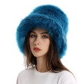 Women's royal blue faux fur bucket hat with wide brim for winter warmth - Lake Blue