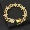 Bracciale a maglie cubane dorate con stelle a pentagramma e zirconi cubici brillanti - 8 pollici (20 cm) / Oro