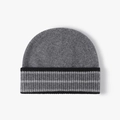 Grey knitted wool beanie featuring black striped cuff for winter warmth - One Size / Dark Gray