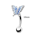 Blue and white butterfly navel piercing with crystals and 10mm silver steel bar - Eyebrow Ring 10mm