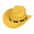 Detailed view of yellow wool felt cowboy hat with silver studded black leather band - M (56-58cm) / Yellow (166-N)