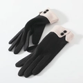 Women's black thermal gloves with beige cuffs and decorative buttons for winter - 170 Black