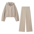 Completo relax da donna color avena con felpa corta con cappuccio e pantaloni alti - XS / Top e pantaloni