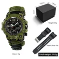 Army green digital watch with compass, paracord strap, and extra rubber band in a gift box - 827-14 + Packaging + PU Strap