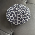 Navy blue beret with white lace crochet dots shown in a top-down flat lay view - M (56-58cm) / Navy Blue Beret
