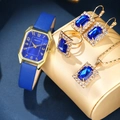 Blue and gold business quartz watch set with matching blue gemstone jewelry pieces - Blue Square Rhinestone 4-Piece Jewelry Set
