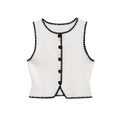 Gebreide vest met zwarte contrastrand en knopen, mouwloze witte korte trui boventop - S / Wit Contrast
