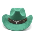 Détail d'un chapeau de cowboy vert émeraude avec bande en cuir et tête de taureau argentée - M (56-59cm) / Vert Herbe