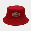Close-up of high-quality embroidery detail on a vibrant red foldable cotton bucket hat - M (56-58cm) / Burgundy