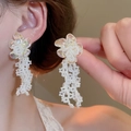 Gros plan sur des boucles d'oreilles fleur avec pétales irisés et pompons perlés - Gland de Perles et Fleur en Acrylique Irisé (73#) (Tige d'Oreille en Argent 925) / Blanc