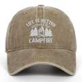 Detail of embroidered 'Life is Better around the Campfire' text on washed cotton baseball cap - Khaki