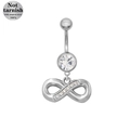 Detailed macro view of 316L surgical steel infinity navel ring with white cubic zirconia - Silver Infinity Symbol Style (24080202-2)