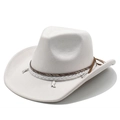 Detail of western suede hat with woven rope, snake skin band and silver boot charms - Milky White Suede