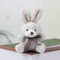 Cute white plush bunny charm with brown checkered bow tie, soft sheep curly fleece texture - Beige / 11cm