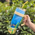 40oz stainless steel tumbler with ocean fish patterns, yellow handle and straw - 1250ml / Seaweed World